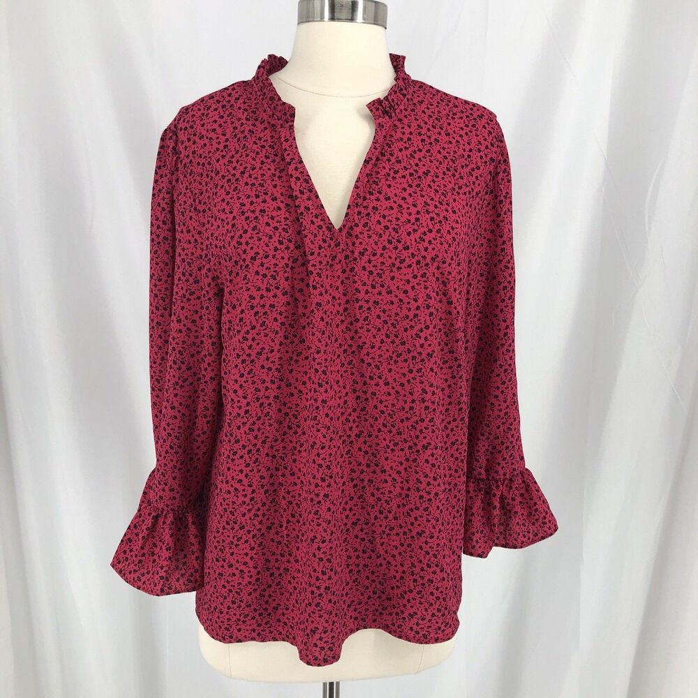 CeCe Womens Pink Floral V-Neck Blouse Long Sleeve Top CL